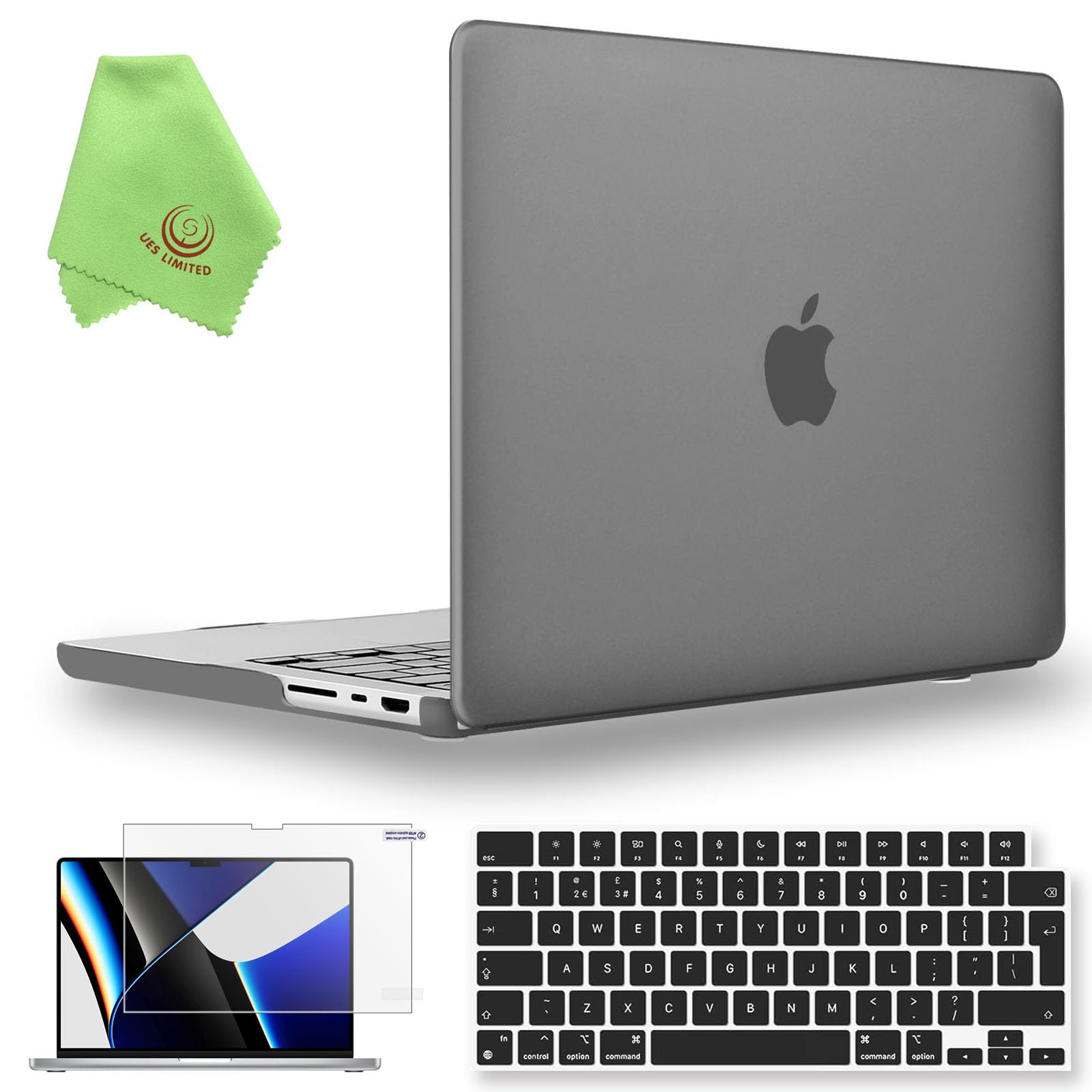 UESWILL 3in1 Compatible with MacBook Pro 14 inch M5 M4 M3 M2 M1 Pro Max chip (2021-2026 Release), Matte Hard Shell Case + UK Layout Keyboard Cover + Screen Protector, Gray