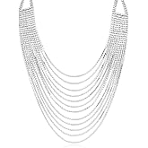 RIAH FASHION Chain Drape Multi Strand Long Layered Waterfall Necklace - Sparkly Rhinestone Statement Bib, Metallic Bead Collar Choker, Bohemian Fringe Tassel