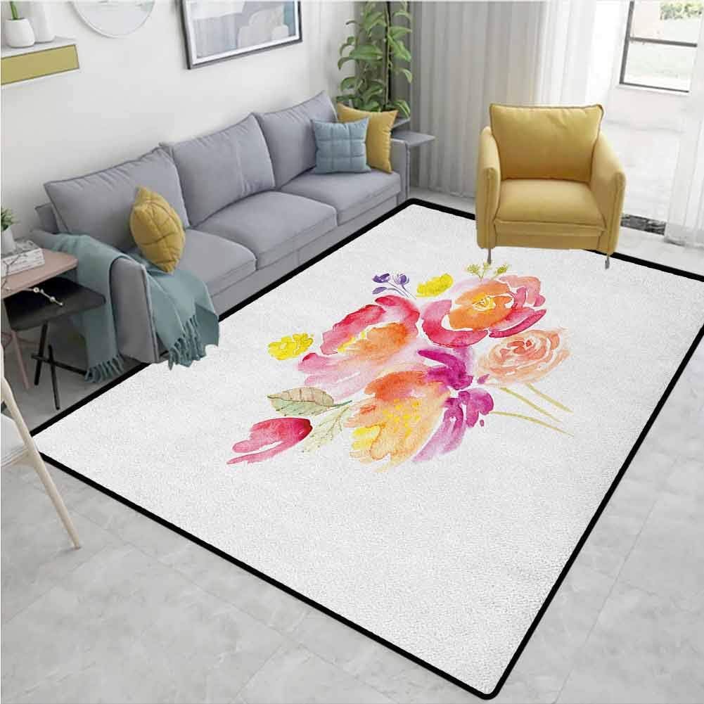 Pastel Print Area Rug Modern, Watercolor Bouquet of Roses Romantic Artistic Corsage Design Bridal Wedding Flora, Durable Carpet Area rug - Living Dinning Room Bedroom Rugs and Carpets(5'x 8')