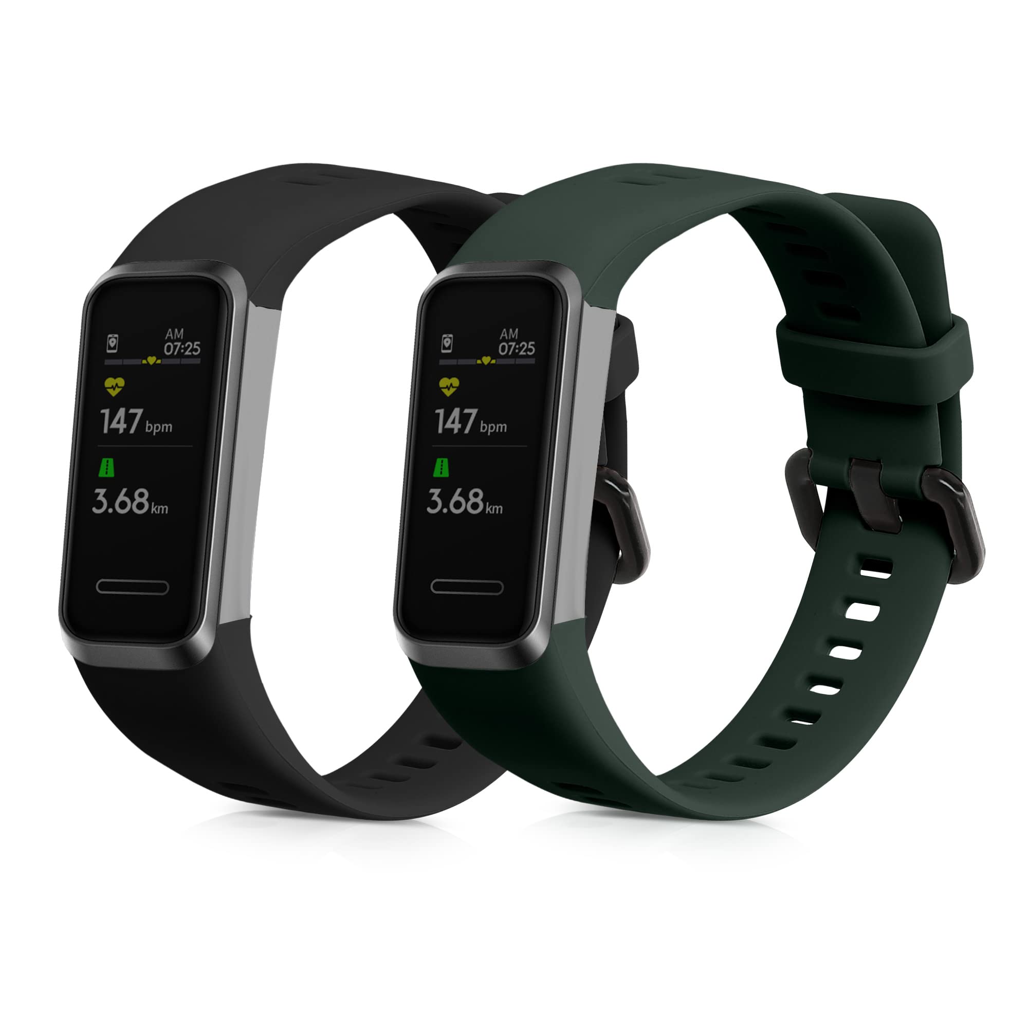 kwmobile 2x Straps for Huawei Band 4 Watch Strap - Silicone Replacement Watch Strap Set - Replacement Bands Black/Dark Green