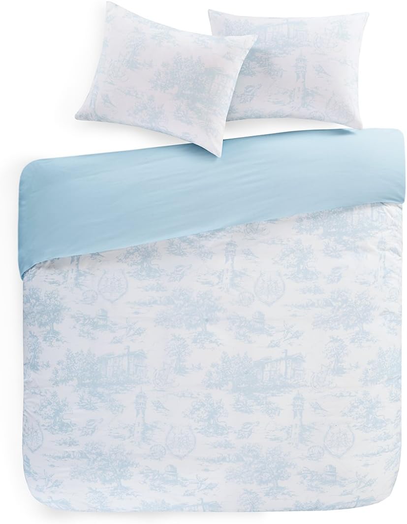 SCM King Duvet Set Cotton Bedding - Astoria Easeful Bed Linen 100 Cotton Duvet Cover Set, Village British Life Blue & White Duvet Cover and Pillowcase Set