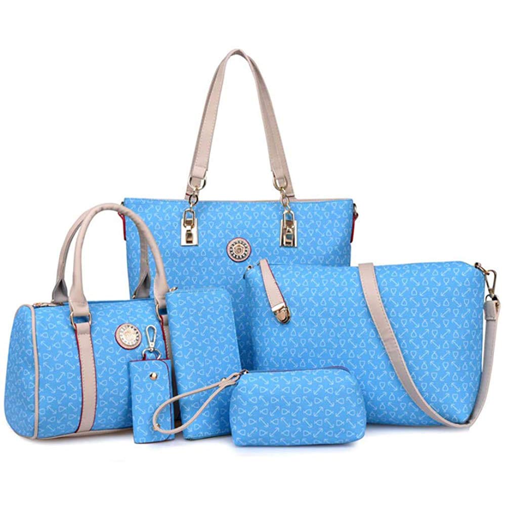 KEEPOP Women Handbag Set 6 Pcs PU Leather Tote Purse Set Multi-purpose Classic Shoulder Bag Sky Blue