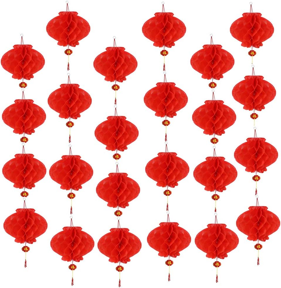 Aniparty 10 Pieces 28CM Chinese New Year Red Lanterns with Fu Character Chinese Red Lucks Hanging Lanterns Decoration for Chinese Spring Festival