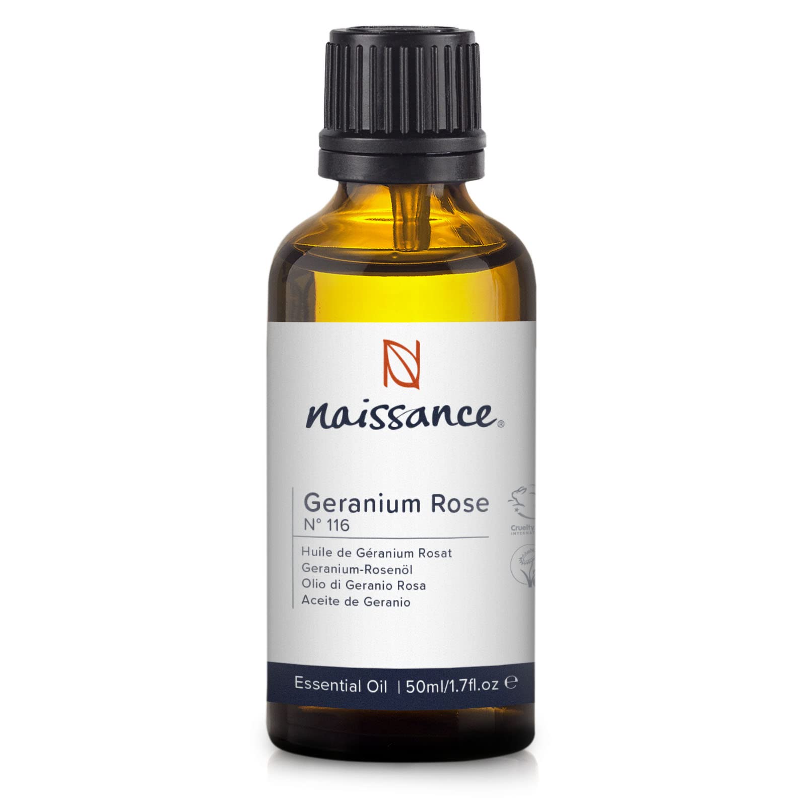 Naissance Geranium Rose Essential Oil (No. 116) - 50ml - Pure, Natural, Steam Distilled, Cruelty Free, Vegan and Undiluted - Use in Aromatherapy & Diffusers