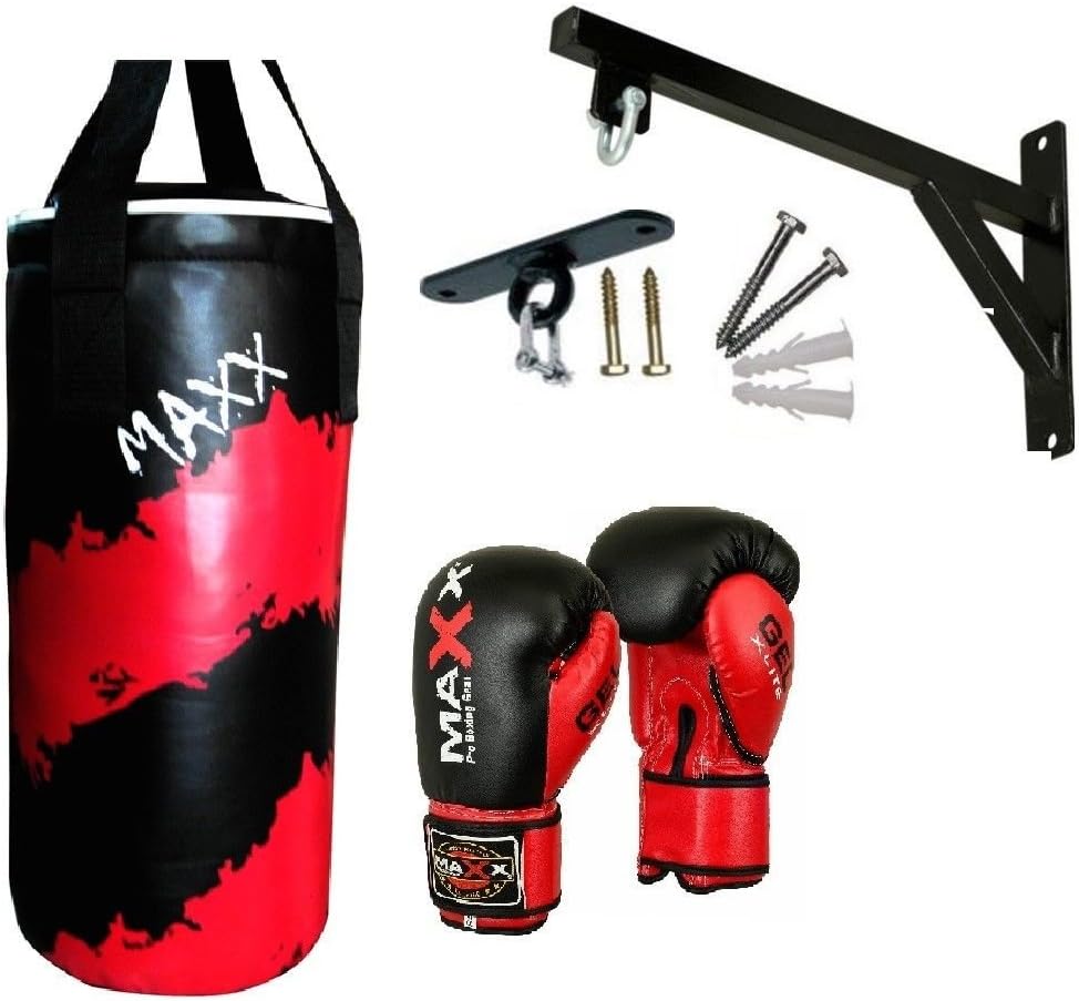 Maxx Junior punch bag set Blk/Sil A with 6oz gloves, hook or bracket, kids boxing , mma training (blk/Silv - Braket)
