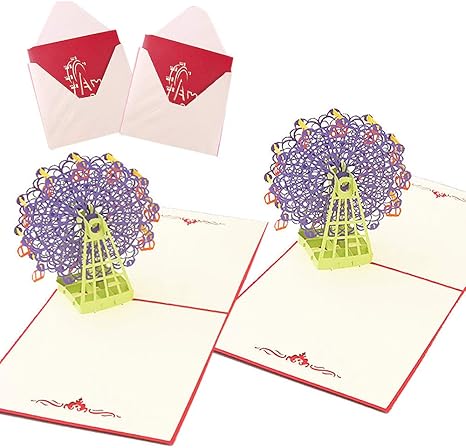 Amazon Moin Moin メッセージ カード バースデー グリーディング 切り絵 立体 回る 飛び出す 3d 観覧車 赤 レッド 封筒付 パープル 2つセット ポストカード 絵柄付はがき 文房具 オフィス用品