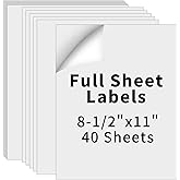 8.5" x 11" Full Sheet Label Sticker Paper for Laser & Inkjet Printers,Self Adhesive Printer Paper Shipping Labels,Printable White Matte Mailing Label Stickers(40 Sheets,40 Labels)