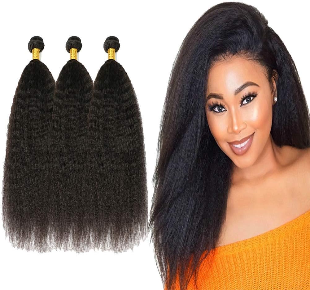 Brazilian Yaki Straight Human Hair 3 Bundles Virgin Hair Wave Unprocessed Weave Hair Human Bundles Kinky Straight 100% Human Hair Extensions Yaki Curly Hair Weft Natural Color (16 18 20)