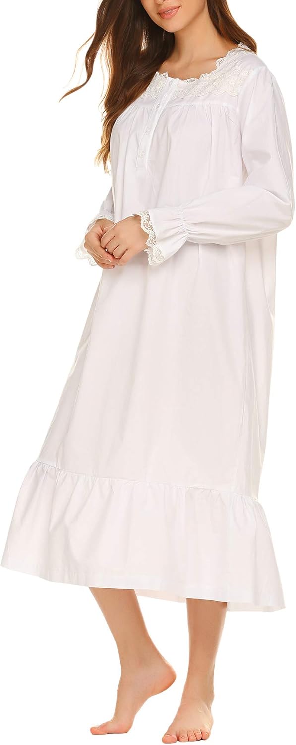 Ekouaer Sleepwear Victorian Nightgown Cotton Sleepshirt Long Sleeve Pajama Dress Vintage Loungewear for Women at  Women’s Clothing store
