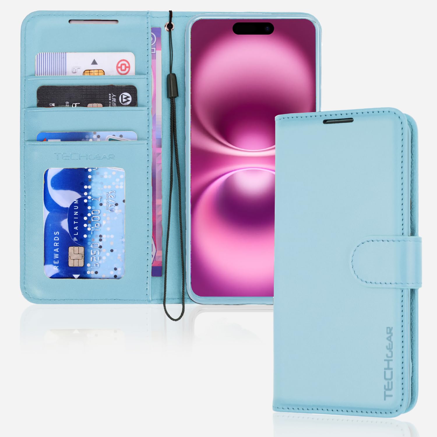 TECHGEAR iPhone 16 Plus Leather Wallet Case, Protective Flip Case Cover [RFID BLOCKING] Wallet Card Holder, Stand & Wrist Strap - Light Blue PU Leather with Magnetic Closure for iPhone 16 Plus 6.7"