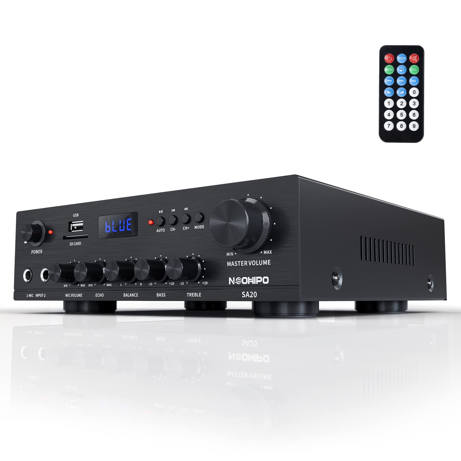 Photo 1 of Stereo Receiver & Amplifier Home Audio Bluetooth Amp, Bluetooth 5.0, 500Wx2, 2.1 Channel, with Echo/Balance Knobs, w/USB/SD/RCA/MIC/FM in & RCA Out, w/Remote Control for Garage/Party/Supermarket-SA20