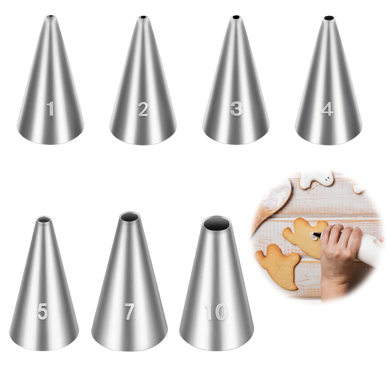Jeffdad 7 Pcs Round Hole Piping Tips Set, Professional Stainless Steel Cupcake Frosting Nozzles Tool Russian Pastry Icing Dispensers Supplies for Cake Decorating Supplies Baking Set Tools