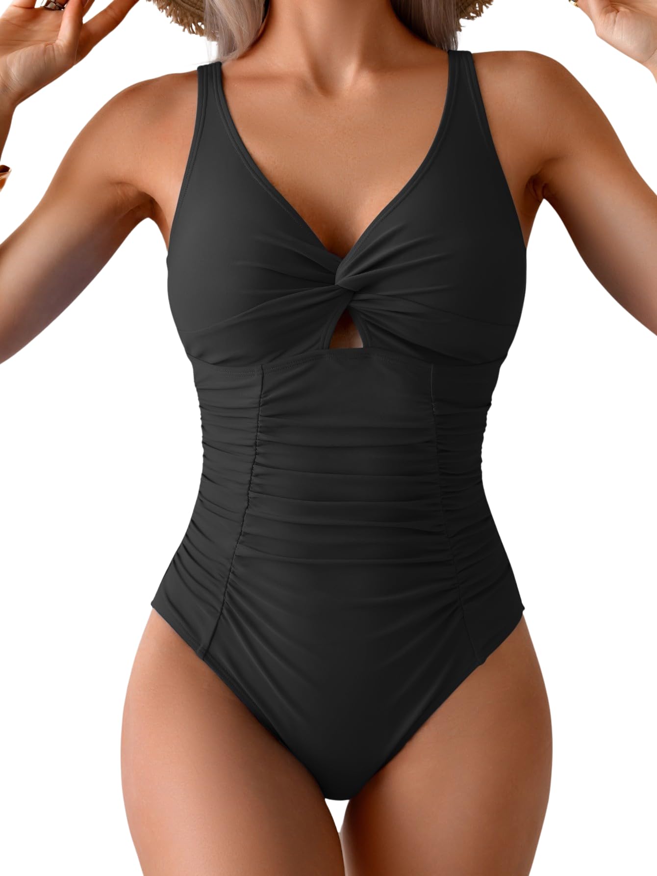 Photo 1 of Eomenie One Piece Swimsuit for Women Tummy Control Bathing Suit Ruched Twist Front Swim Suit Cutout Tie Back Swimwear Black