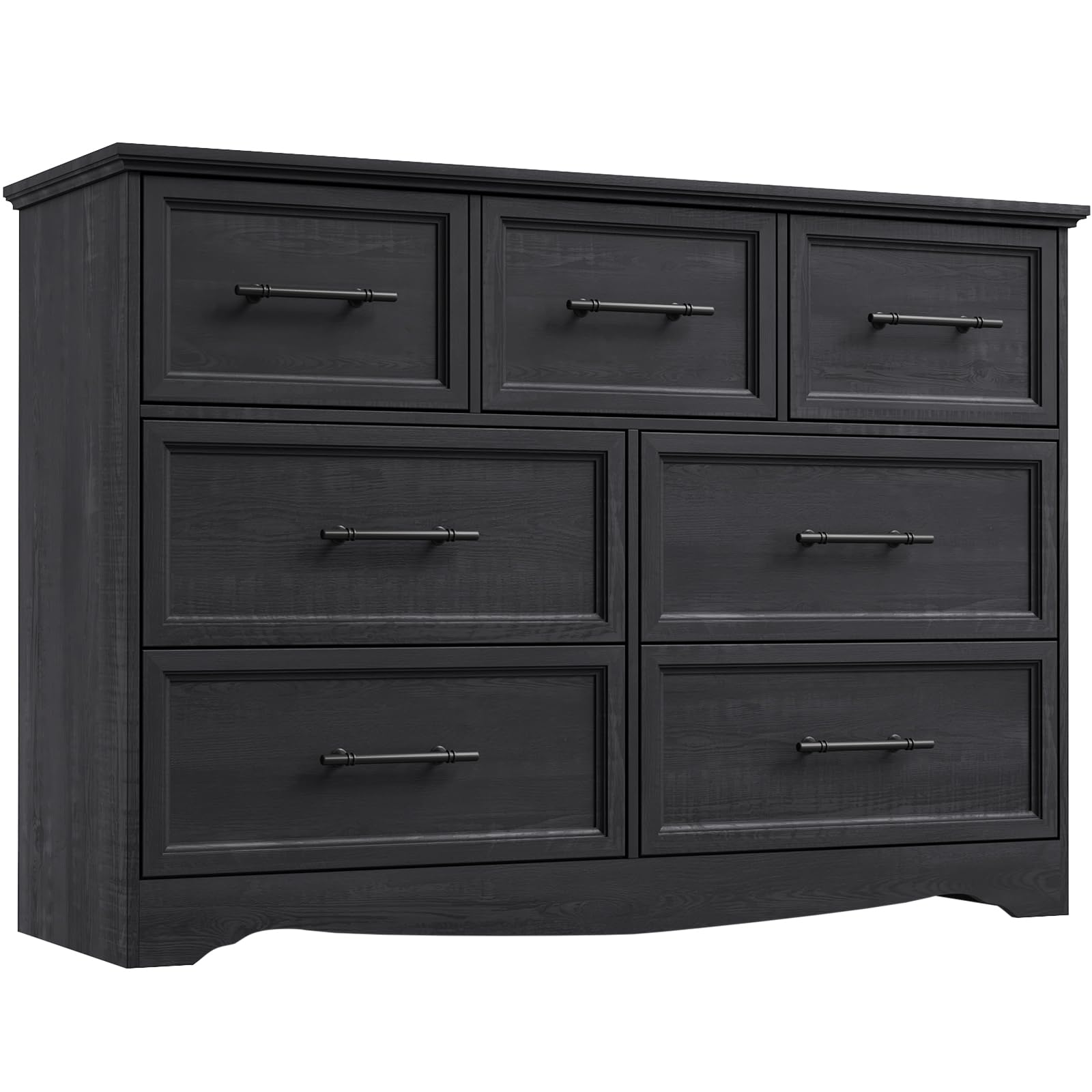 YANSNWO Black Farmhouse Dresser for Bedroom, Modern 7 Chest of Drawers, 47" Wide Chest of Drawers w/Brushed Metal Handle, Wood Dresser TV Stand and Storage Cabinet for Bedroom, Living Room, Hallway