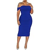 PINSV Women Ruched Off Shoulder Dress Bodycon Party Elegant Midi Dresses