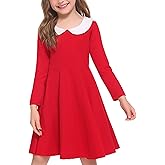 Arshiner Girls Long Sleeve Dress Casual Vintage Peter Pan Collar Swing Party Dress Age 3-14 Years