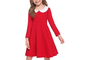 Arshiner Girls Long Sleeve Dress Casual Vintage Peter Pan Collar Swing Party Dress Age 3-14 Years