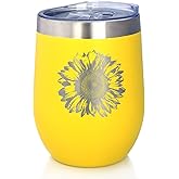 Bevvee Sunflower - Wine Tumbler Glass with Sliding Lid - Stainless Steel Insulated Mug - Flower Décor Gifts