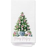 ATPOM Blue Chinoiserie Christmas Mahjong Tree Kitchen Towels, Coquette Pink Bow Christmas Tree Decorative Hand Towels for Bathroom, Mahjong Lovers Player Gifts Dish Tea Towel for Kitchen, 16x24 Inches