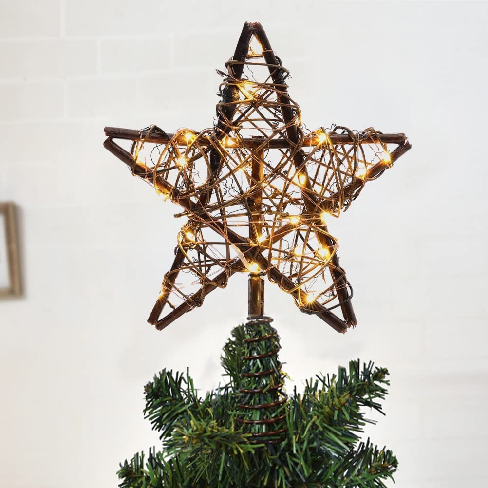Rustic Christmas Tree Topper Star,Rattan Natural Christmas Tree Star Light Up Xmas Tree Topper with 20 LED Lights,Christmas Stars for Home Tree Decor(25.5x31cm)