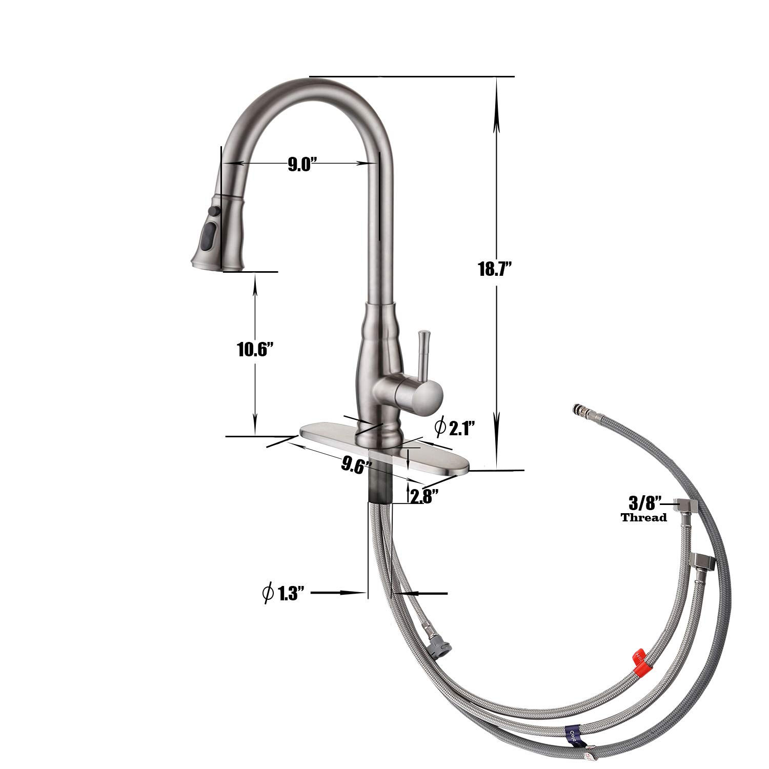 Bulife Pull-Down Sprayer Kitchen Faucet, Single Handle High Arc Lead Free Stainless Steel Brushed, Modern Gooseneck Pullout Spray Head, Faucet for Kitchen Farm Sink with Deck Plate