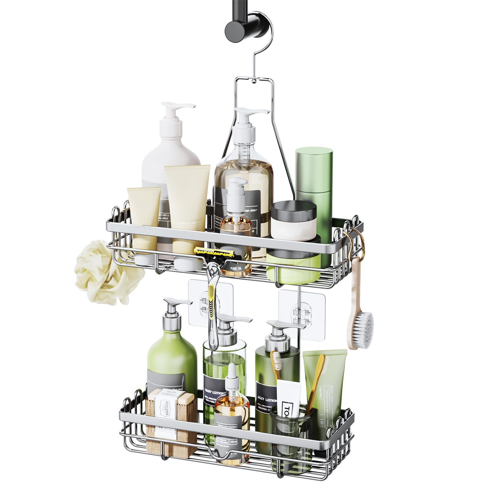 HapiRm Shower Caddy Hanging - 2-Tier Rust-Resistant Stainless Steel Shower Shelf, No Drill Bathroom Basket, Shower Organiser for Bathroom Accessories, 3 Screw Adhesives，Silver