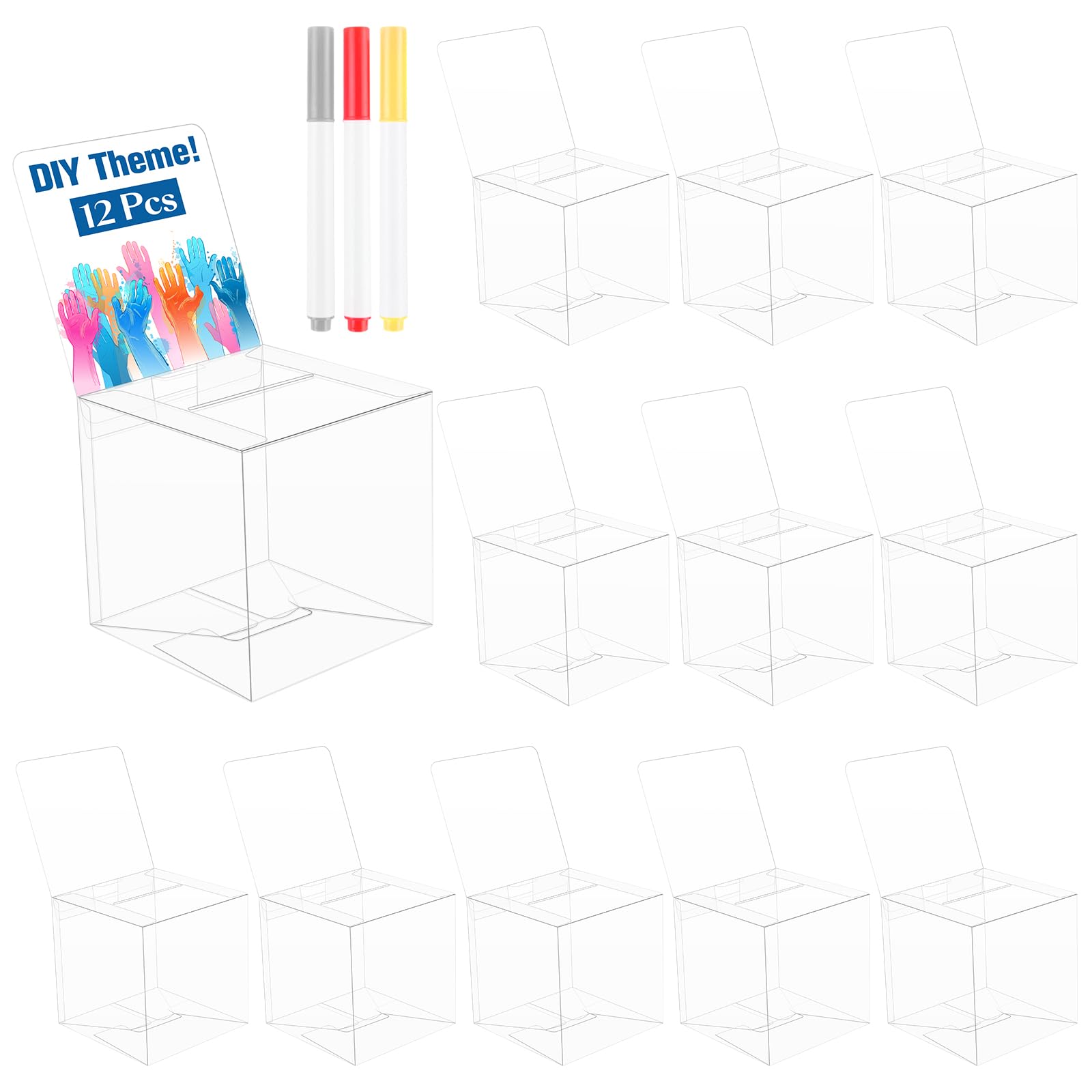 Photo 1 of Bouiexye 12 Pack Raffle Boxes with Slot Ballot Box, Raffle Box Suggestion Boxes Donation Box for Fundraising Collecting Card Tickets and Voting Contest with Erasable Color Pens (Clear)