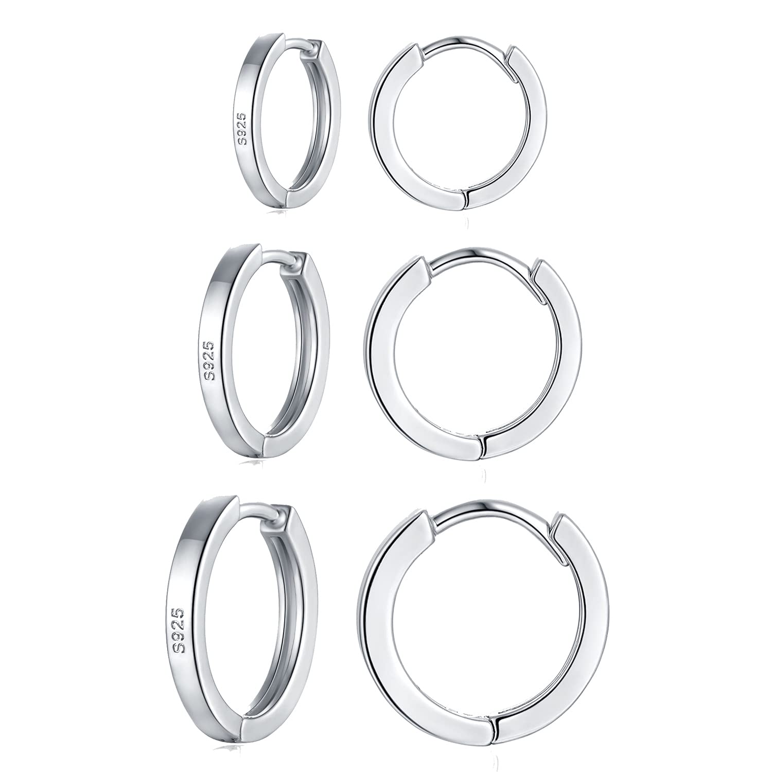 wynn's Silver Hoop Earrings for Women, 925 Sterling Silver Unisex Small Sleeper Hoop Earrings, Silver Hooped Huggie Cartilage Earrings for Women Men Girls (8+10+12mm)