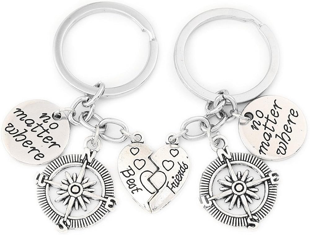 Best Friends No Matter Where Compass Necklace Set and Keychain Heart Best Friend Jewelry
