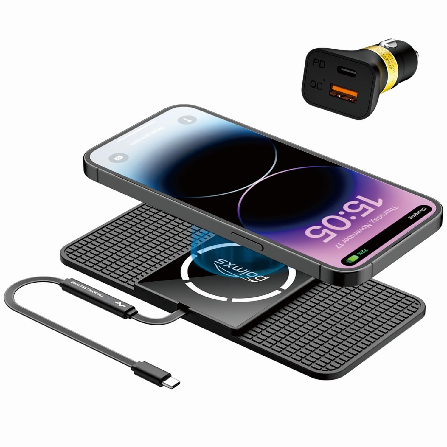 Magnetic Wireless Car Charger Pad, Polmxs 15W Compatible with Magsafe Car Charger Non Slip Type C Wireless Charging Pad with 40W Car Charger for iPhone 17/16/15/14/13/12, Airpods (30CM Cable)