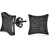 Black Square Shaped Cubic Zirconia Micro Pave CZ Kite Stud Earrings For Men Black Plated .925 Sterling Silver 9MM