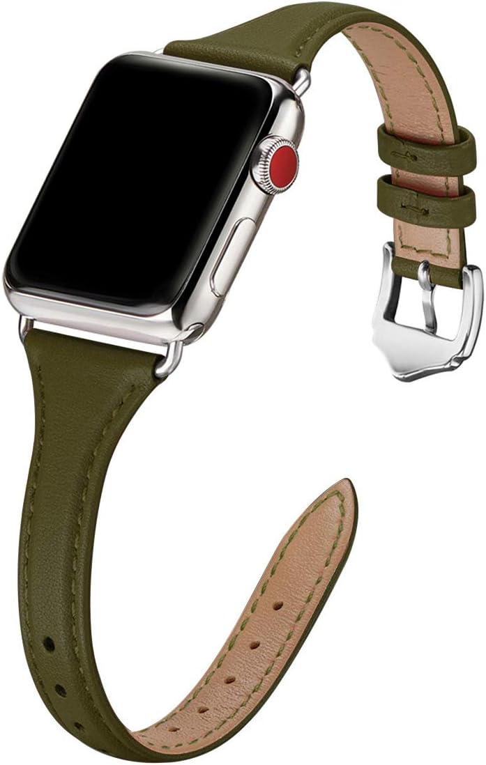 WFEAGL Genuine Leather Watch Bands Compatible with iWatch 38mm 40mm , Slim & Soft Replacement Wristband for Apple Watch Series 5/4/3/2/1 (Olive Green Band+Silver Adapter, 38mm 40mm)