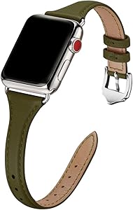 WFEAGL Genuine Leather Watch Bands Compatible with iWatch 38mm 40mm , Slim & Soft Replacement Wristband for Apple Watch Series 5/4/3/2/1 (Olive Green Band+Silver Adapter, 38mm 40mm)
