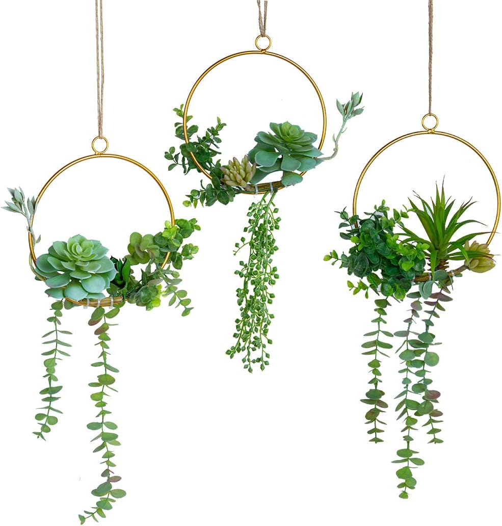 C&Z Artificial Succulents Wreath Set of 3 Hanging Gold Geometric Garland Greenery Wreath Wall Decor for Wedding Party Nursery Backdrop