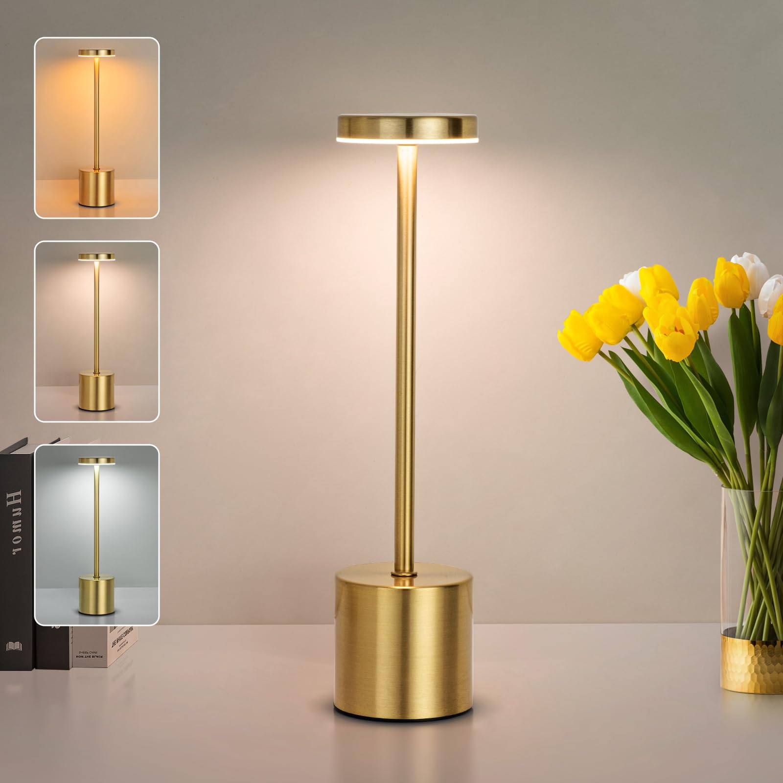 Photo 1 of ZOOPEEN Gold Cordless Table Lamp,Rechargeable 5200mAH Battery Operated Touch Desk Lamp,3 Color Stepless Dimming Up Bedside Lamps,Modern Portable LED Small Desk Light for Bedroom/Restaurant Lighting