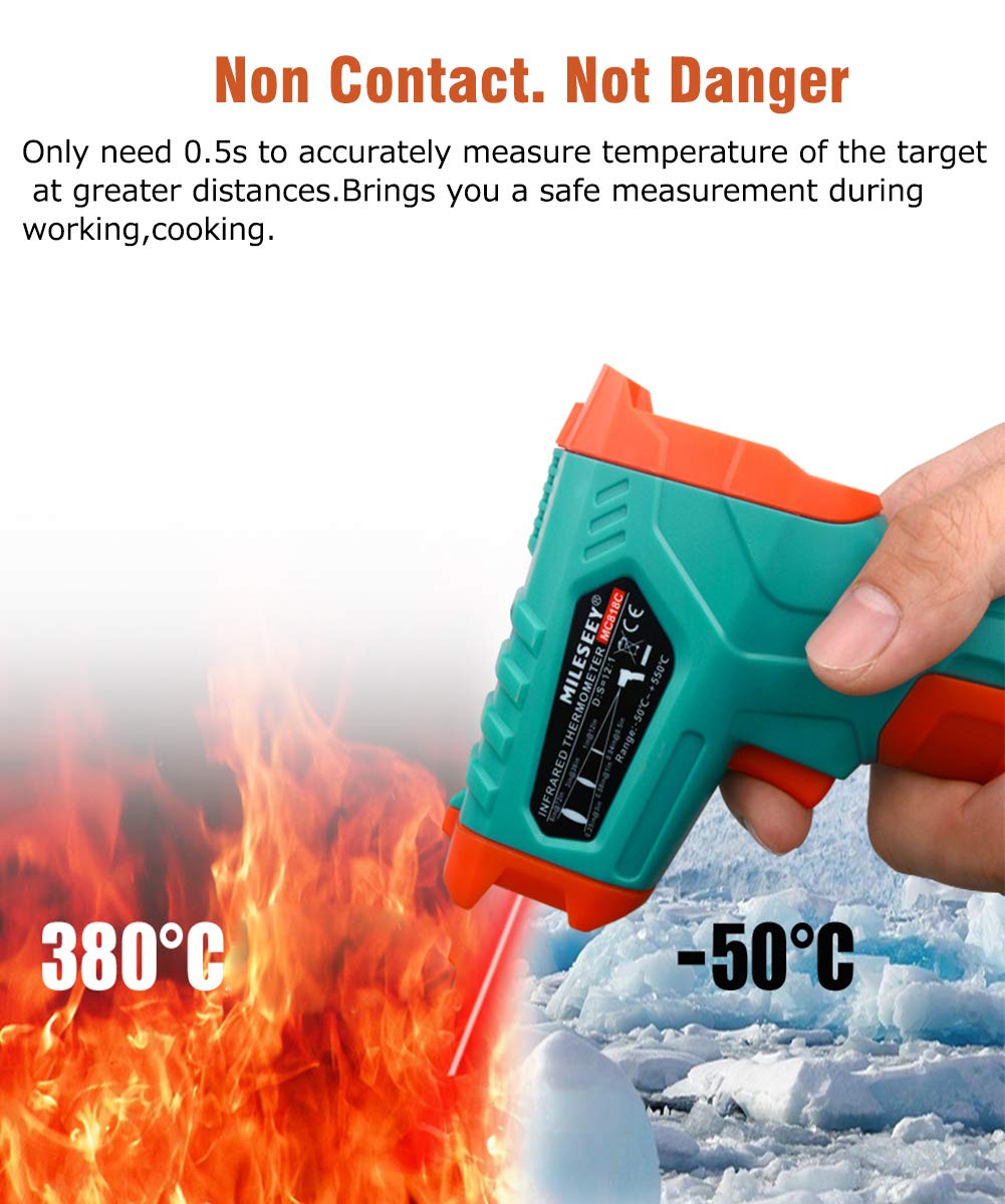 Mileseey MC818A Infrared Thermometer IR Temperature Gun 12 Laser Digital Non-Contact Tester -58℉~716℉(-50℃~380℃) with Adjustable Emissivity&Max Measure for Kitchen Cooking Meat Automotive (MC818A)