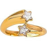 Layered CZ Star Promise Ring for Women Gold-Toned Fashion Adjustable Round Rhinestone Stacking Statement Open Wide Wrap Finger Rings Comfort Fit Chic Geometric Stainless Steel Jewelry for Wedding Engagement