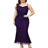 CYCLAMEN Plus Size Mesh Mermaid Dress Ruched Spaghetti Strap Fitted Sleeveless Cami Dresses Cocktail Party Wedding Guest
