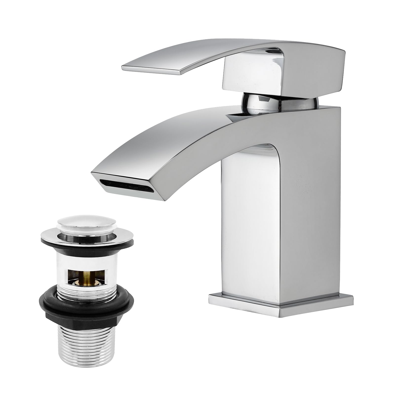 Waterfall Bathroom Sink Taps with Drain, BATHWEST Chrome Square Basin Taps with Pop Up Waste, Monobloc Brass Bathroom Taps with Sink Plug 322N — image 1