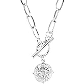 14K Yellow Gold Star Toggle Necklace - 925 Sterling Silver Sun Coin Necklace for Women - Minimalist Choker With Chain