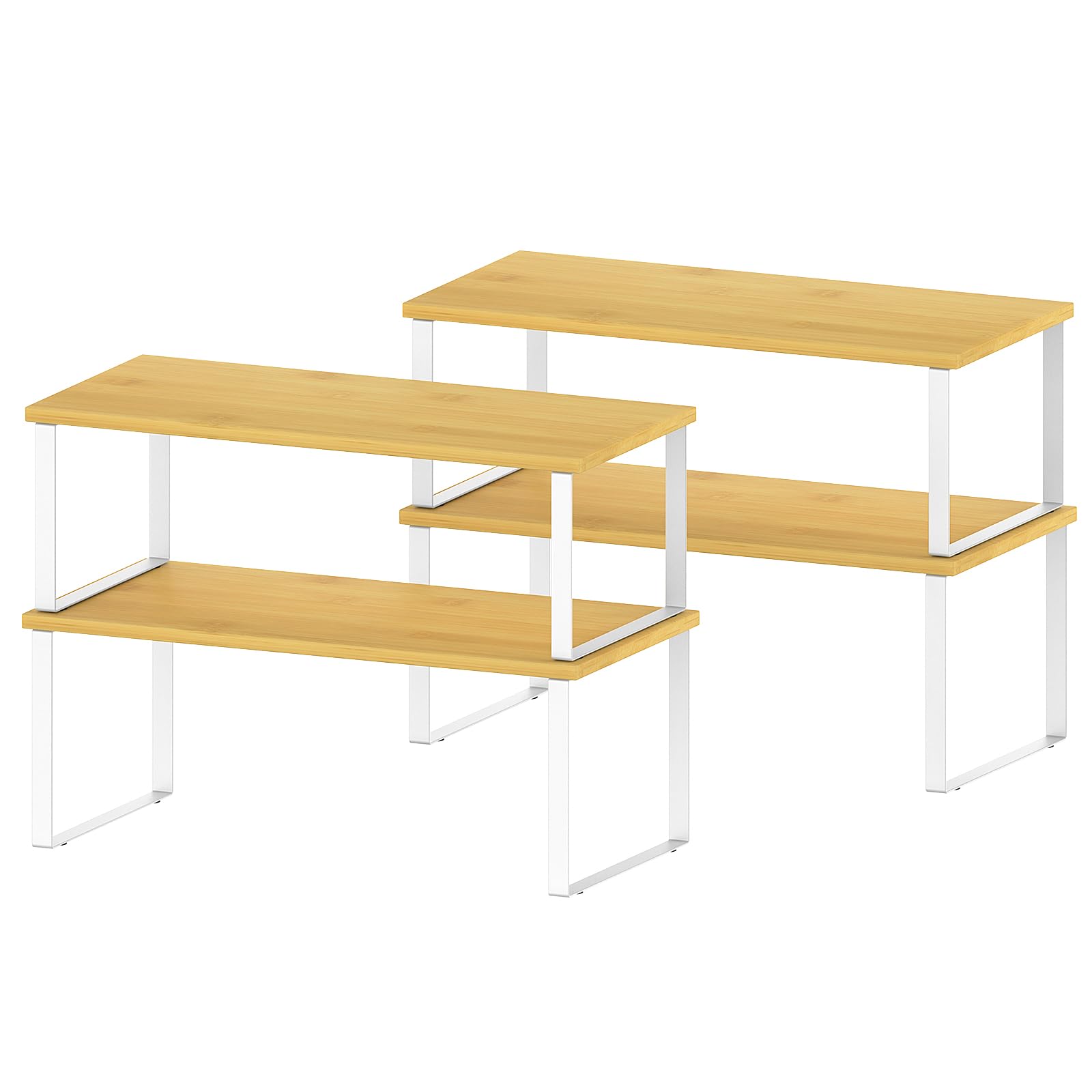 CADUKE Cupboard Shelf Organiser, 4-Pack, Metal and Bamboo, Non-Slip Kitchen Countertop Storage, Stackable Shelf Organiser for Kitchen, Pantry, Bathroom