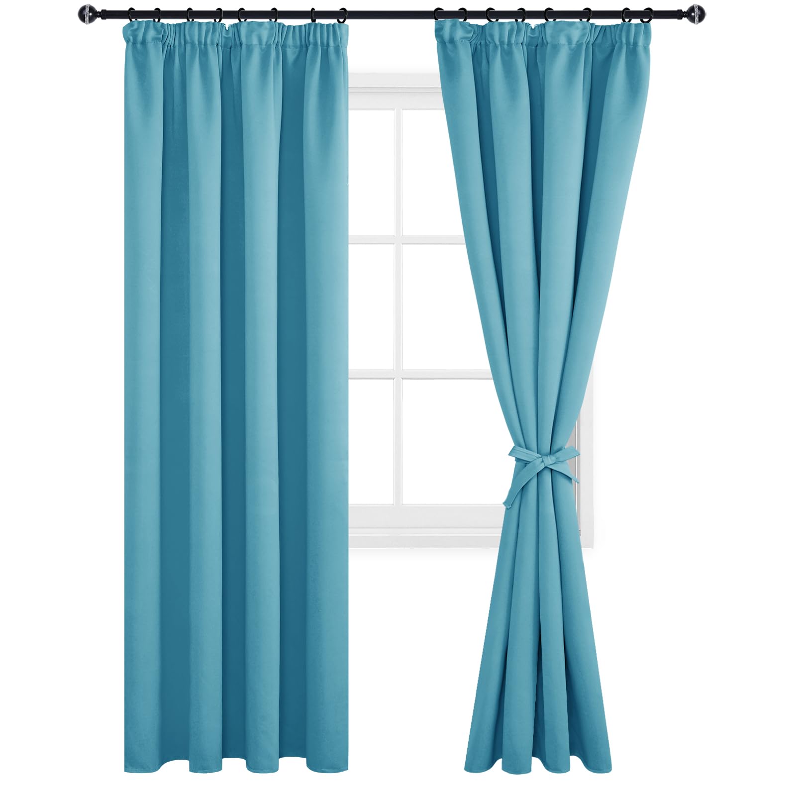 DWCN Blackout Curtains for Bedroom Thermal Insulated Curtains with Tiebacks Pencil Pleat Window Curtains for Living Room 55 x 96 inch Length, Turquoise, 2 Panels