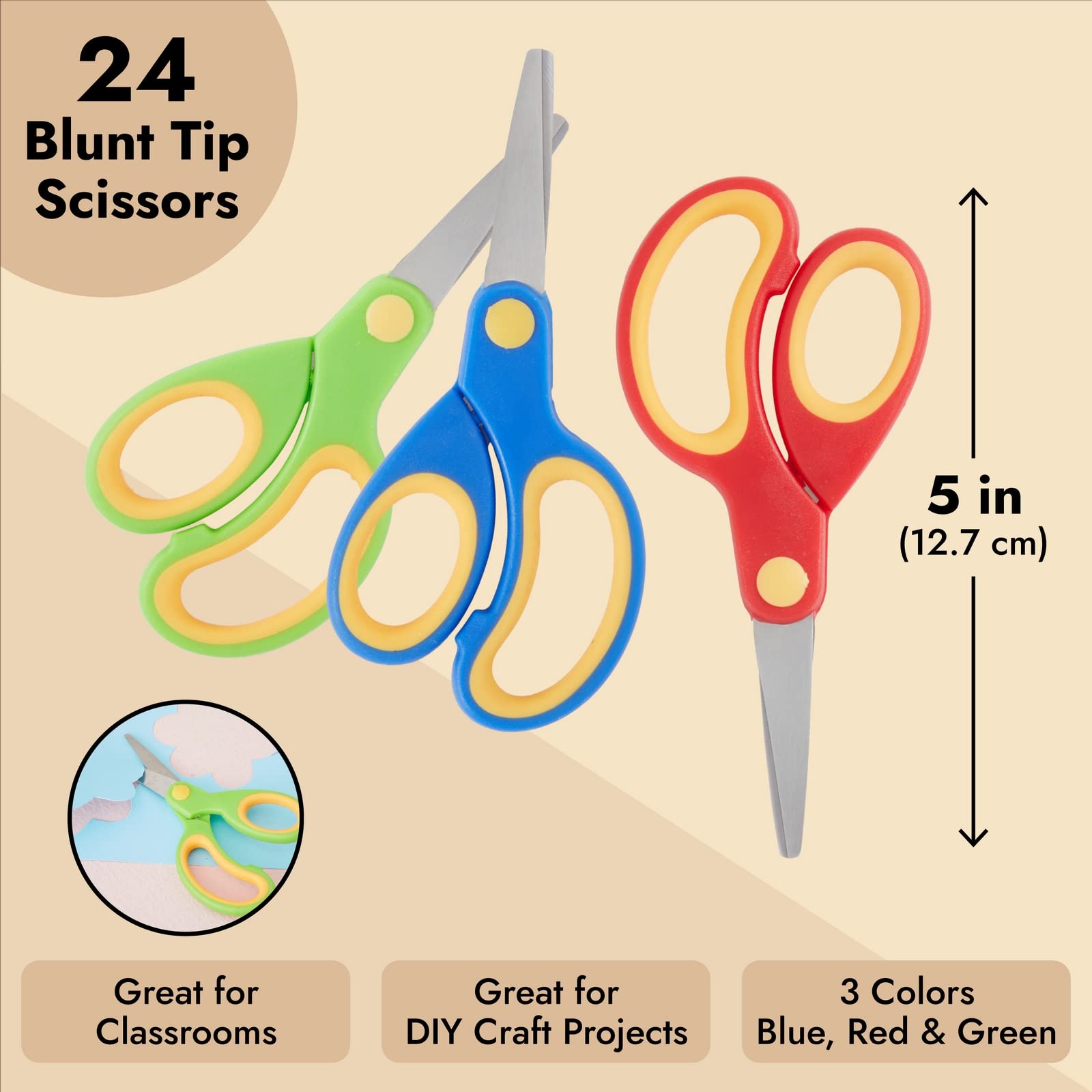 Sustainable Greetings 24 Pack Blunt Tip Scissors - Classroom Scissors Bulk for Crafts, Classroom Supplies, Student DIY Art Projects, School Supplies (3 Colors, 5 Inch)