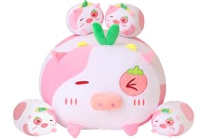 SQEQE Cow Plush Cute Cow Stuffed Animals with 4 Baby Plushies in Her Tummy, Soft Cotton Plushie Animal Pillow Gifts for Kids