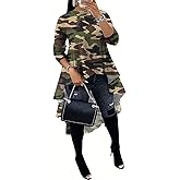 Famnbro Women's Camo Print Long Sleeve High Low Asymmetrical Ruffle Hem Camouflage Tops Blouse Shirt Dress