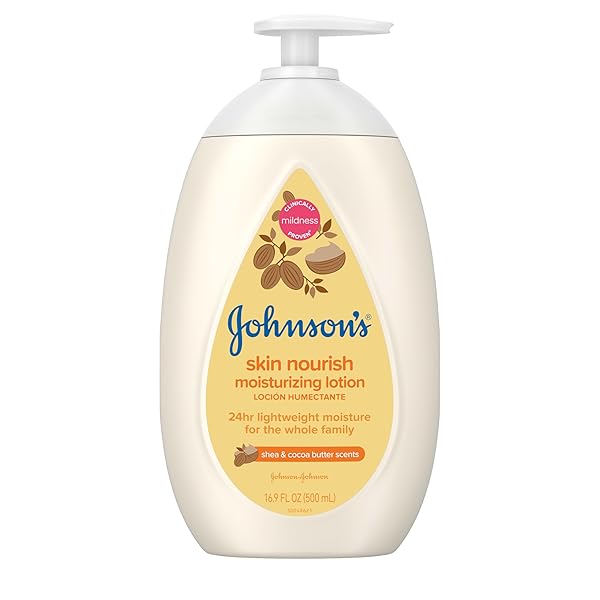 JOHNSON’S SKIN NOURISH MOISTURIZING BABY LOTION FOR DRY SKIN WITH SHEA & COCOA BUTTER SCENTS, GENTLE & LIGHTWEIGHT BODY LOTION FOR THE WHOLE FAMILY, HYPOALLERGENIC, DYE-FREE, 16.9 FL. OZ