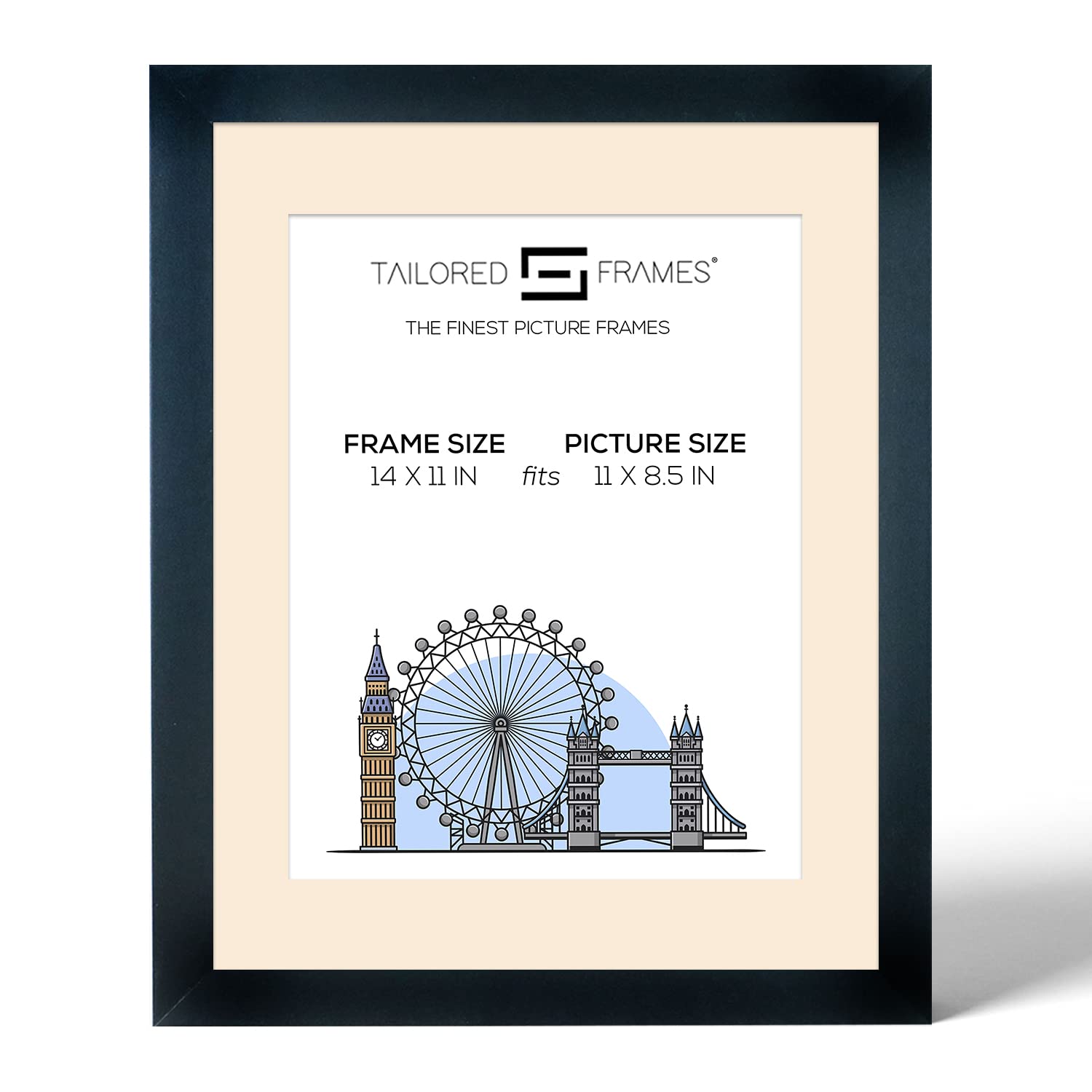 Tailored Frames Seattle Black 14" x 11" Frame for 11" x 8.5" picture | Single Picture Frames | Wall Hanging Type | Photo Frame With Antique Mount