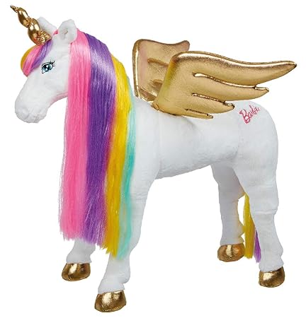 Happy People 58053 Barbie Einhorn mit Sound zum Daraufsitzen, stehend, Tragkraft 100 kg, Sattelhöhe 50cm, Plüschpferd mit Ger