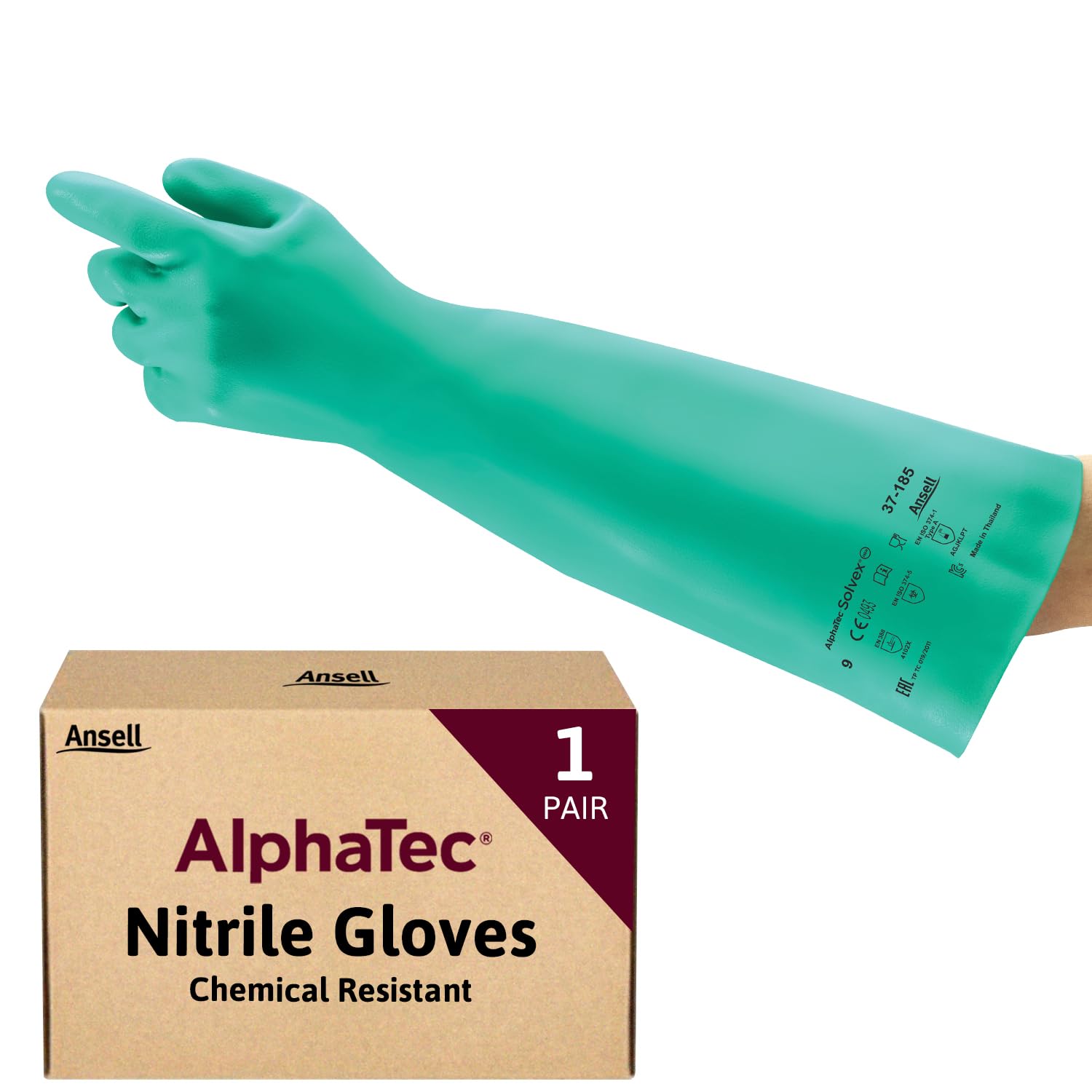 Ansell AlphaTec 37-185 Chemical-Resistant Nitrile Gloves, Liquid and Splash Protection, Food-Handling, Silicone and Latex-Free Work Glove, Waterproof, Reusable, Green, Size S (1 Pair)