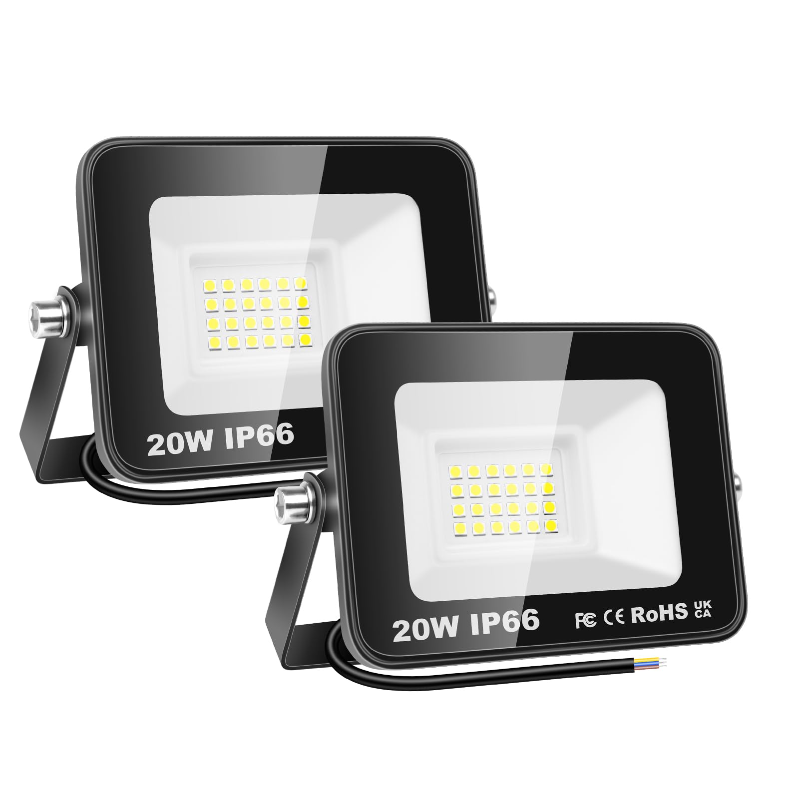 SKYWORLD 2 Pcs 20W Outdoor LED Flood Lights, 2000LM LED Security Lights, IP66 Waterproof, 6000K Daylight White Floodlight Outside Flood Lamp for Garden Garage Yard Lawn Court Patio Warehouse